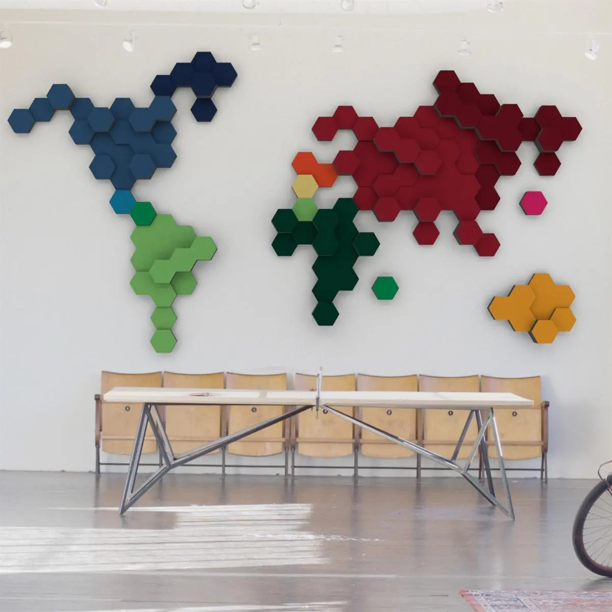PolySound ECO Hexagon Weltkarte - XXL Wandgestaltung mit 114 Akustikabsorbern, 470x250cm