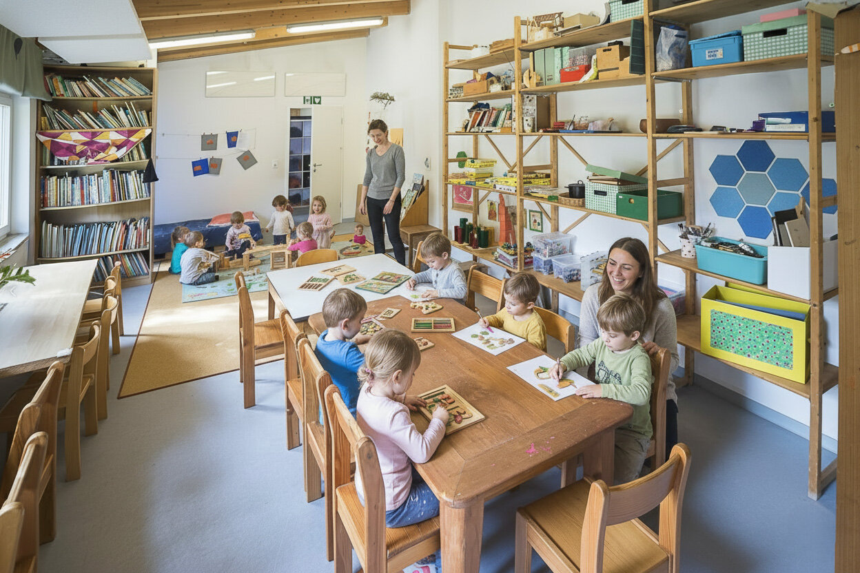 Erzieherin mit Kindern in ruhiger KiTa-Umgebung