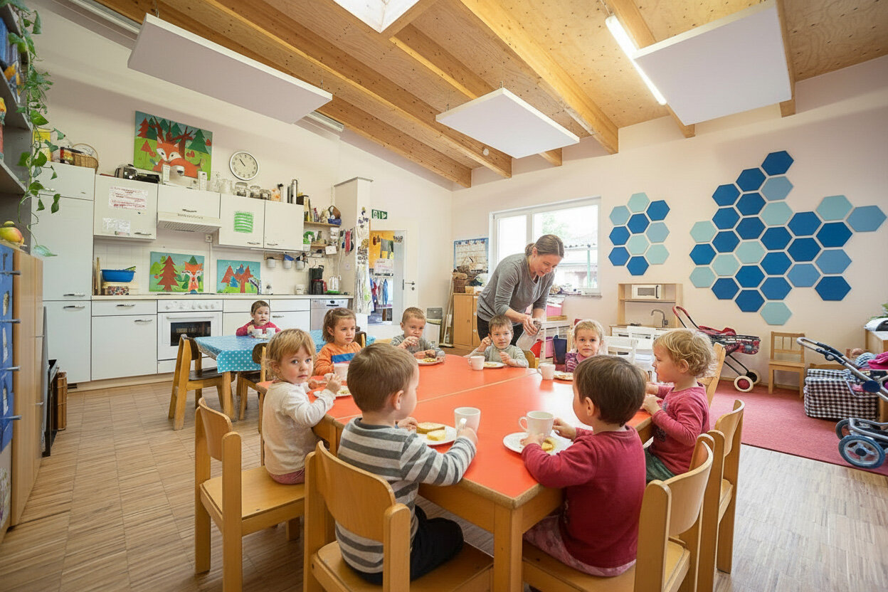 KiTa-Gruppenraum mit installierten Akustiklösungen